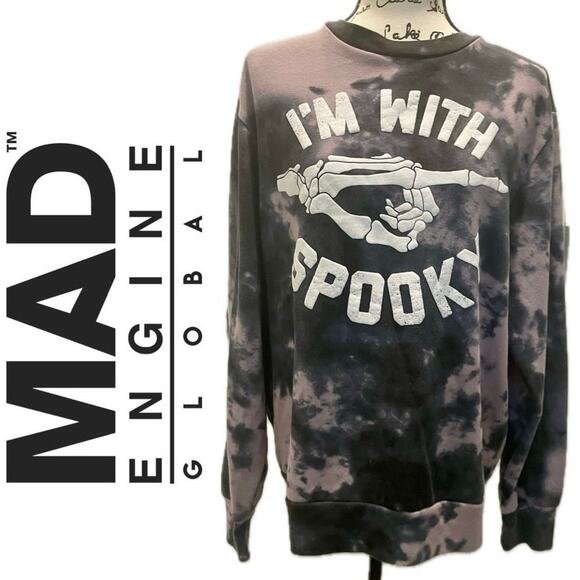 MAD ENGINE SWEATSHIRT IM WITH SPOOKY MEN SZ M TIE DYE BLACK GRAY BONES EMO GOTH - Picture 1 of 14